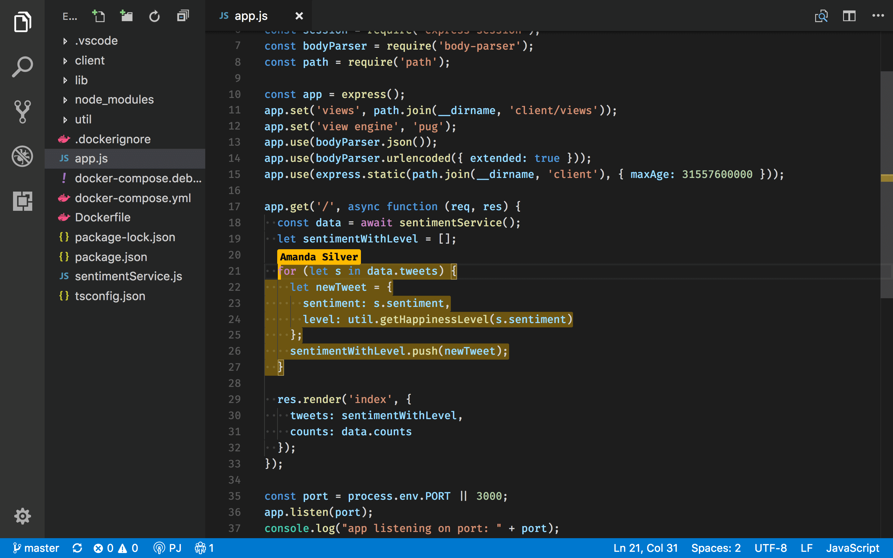 Live Share user interface when a team member joins your Live Share session in VS Code