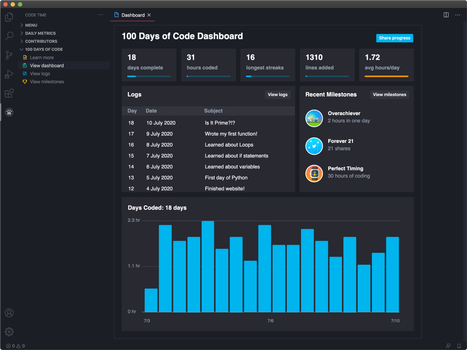 100 Days of Code Visual Studio Code extension